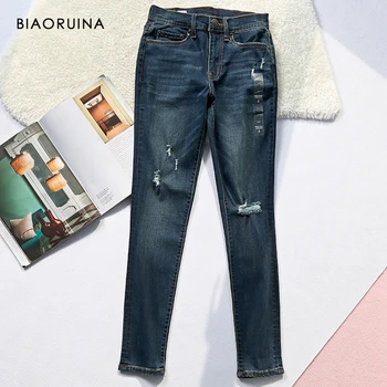 

BIAORUINA Women's Classic Fashion Ripped Jeans Mid-high Waist Skinny Washing Bleached Casual Pencil Jeans Plus Size