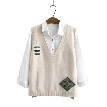

Autumn Wool Knit Vest Women Beige Khaki Black Wool Knitwear V-neck Sleevless Pullover Sweater Woman Fake Button Design Waistcoat