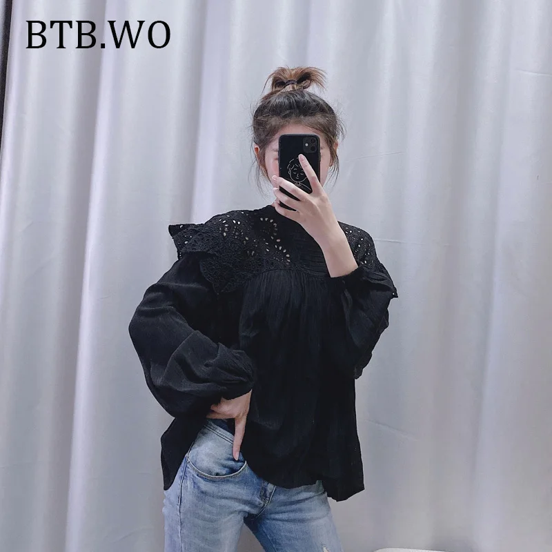 BTB. WO, женские блузки, модные, милые, черные, с вышивкой, блузка, рубашка, хлопок, женские, с расклешенными рукавами, корейский стиль, свежий Топ