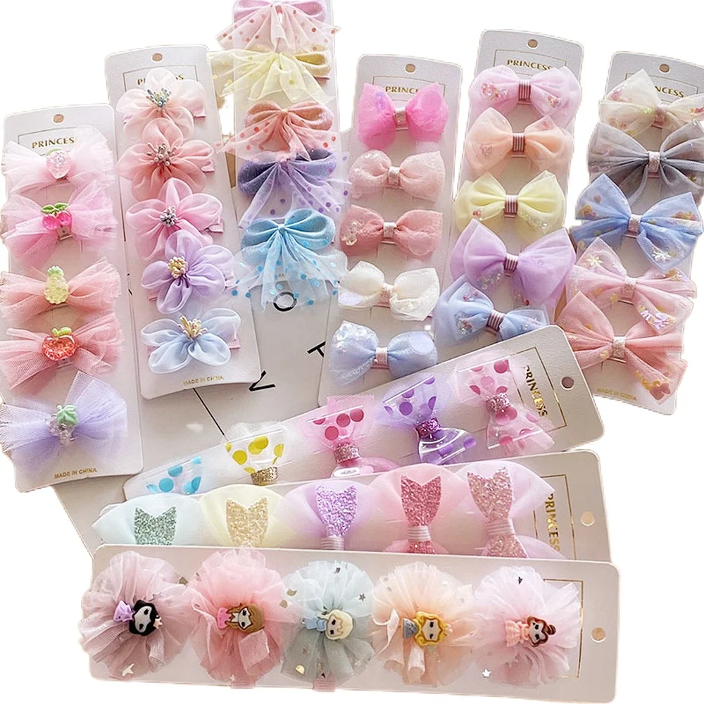 Promo Dropship 5pc/set Cute Children's Bow Hair Clips Set Fabric Hairpin Hair Accessories  y9VKM5bD7ll
