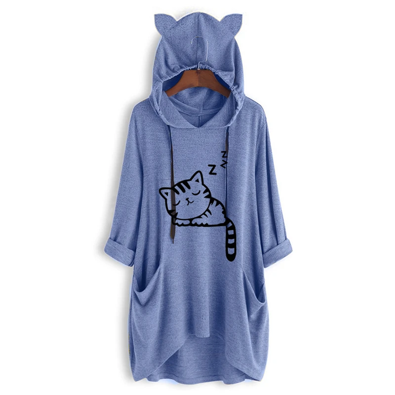 

Lovely Sleeping Cat Print Women Hooded Sweatshirts New Fashion Harajuku Cartoon Cat Ear Oversized 5xl All-match High Quality Top