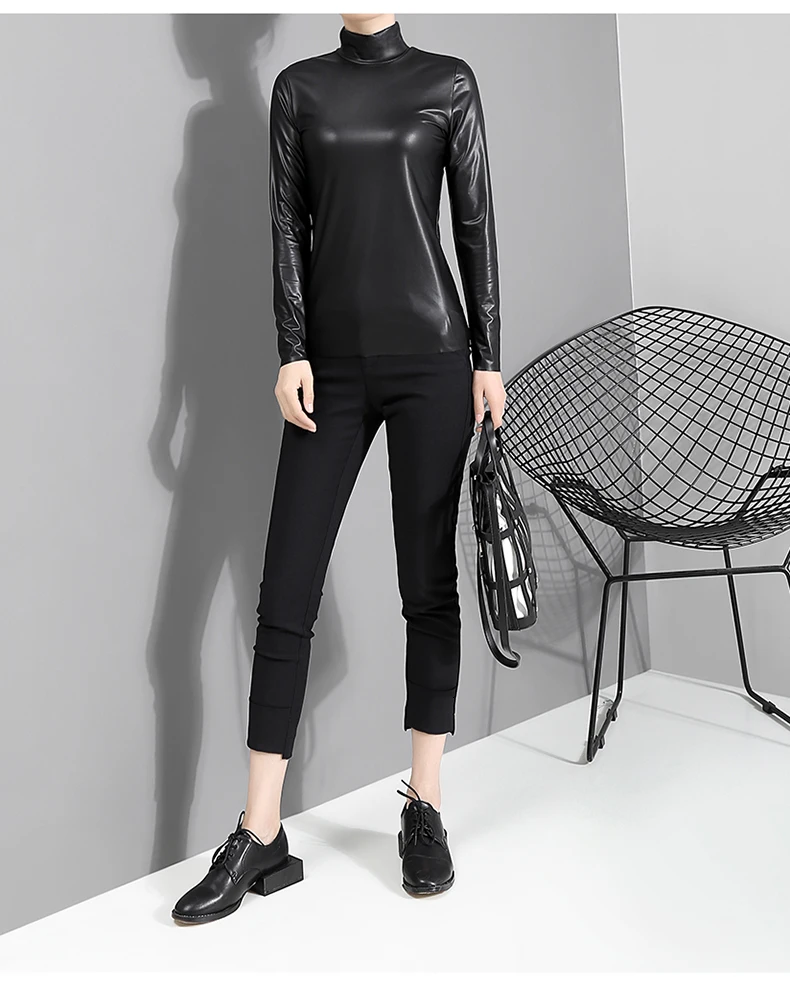 [EAM] женская черная короткая футболка из искусственной кожи, новая модная футболка с воротником-стойкой и длинным рукавом, весна-осень JY93301