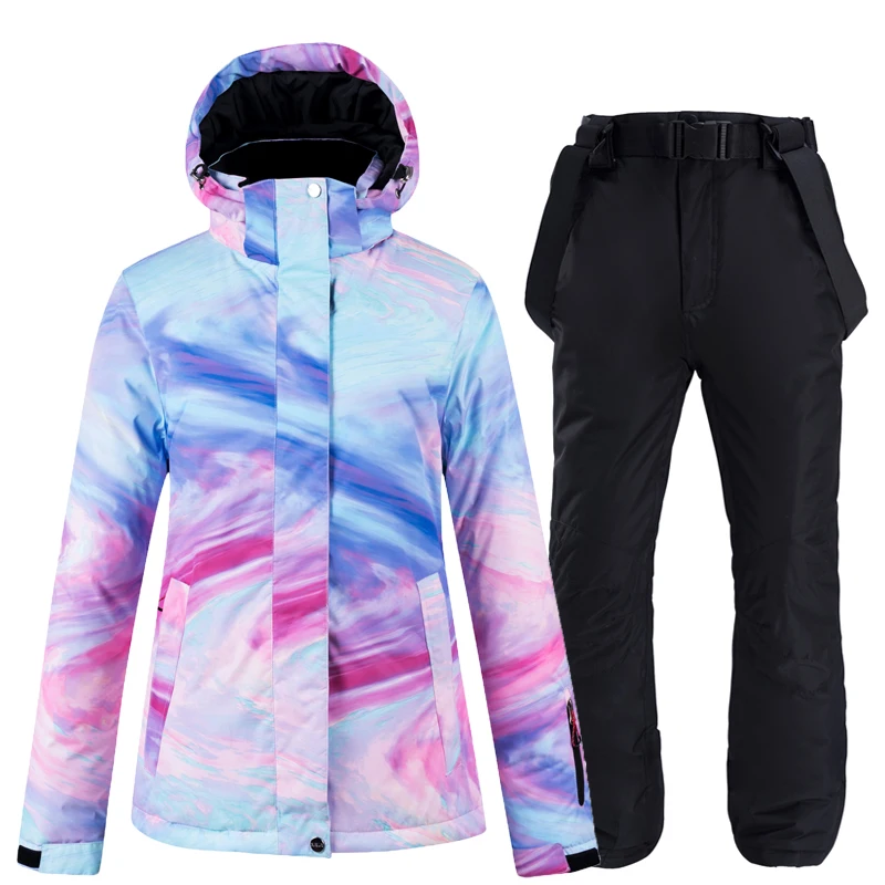 Цветной толстый теплый лыжный костюм женский водонепроницаемый ветрозащитный лыжный костюм и костюм для сноуборда женский зимний костюм уличная одежда - Цвет: Black suit