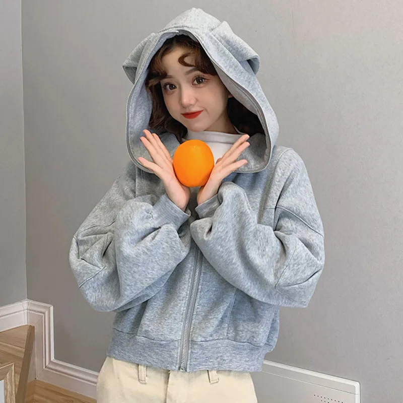 2021 Spring Autumn Kawaii Style Women Hoodies Funny Rabbit Long Ears Hooded Sweatshirt Long Sleeve Casual Zip Up Short Hoodie