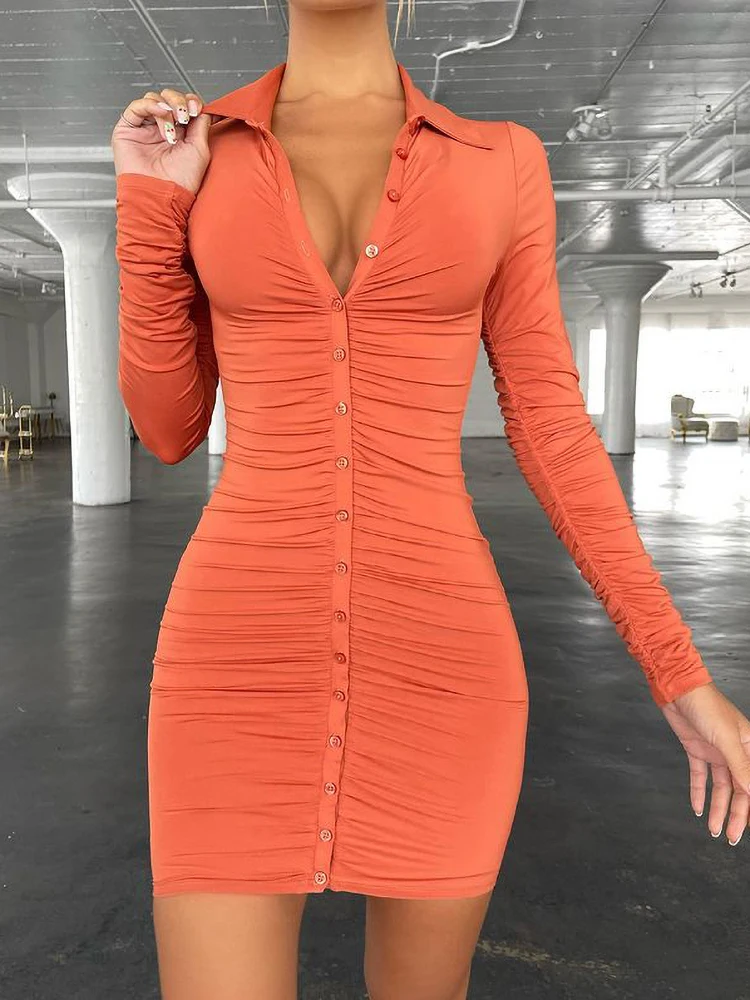 Articat New Autumn Casual Women's Dresses Vintage Bodycon Single-breasted Summer Dress Simply Ruched Y2K Women's Clothing 2021 1