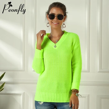 

PEONFLY New 2020 Spring Women's Sweaters Casual Loose V Neck Tops Fashion Fluorescent Green Knitted Casual Jumper Ladies