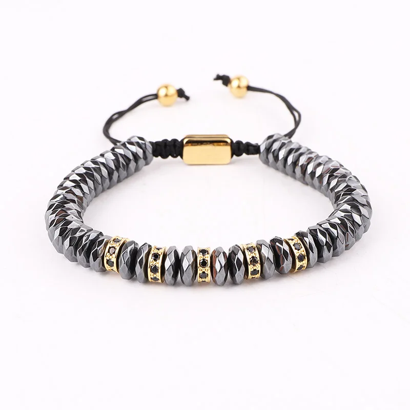 New Design Natural Faceted Hematite Beaded CZ Micro Pave Charms Handmade Adjustable Bracelet Men Jewelry Gift - Image 4