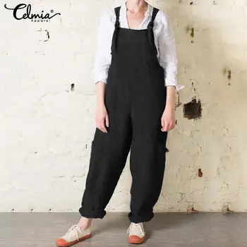 

Celmia 2020 Summer Linen Strappy Rompers Vintage Women Jumpsuits Casual Loose Long Pantalon Bib Overalls Plus Size Harem Pants 7