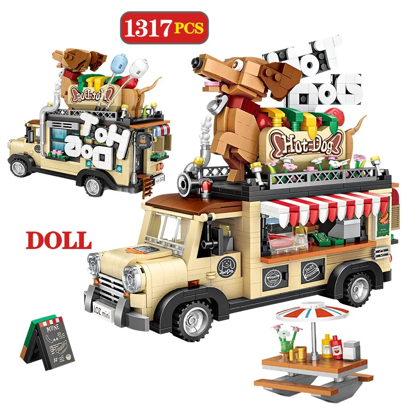 

1317pcs Toys for Children City Hot Dog Cart Car Figurine Model Building Blocks Vehicle Education Mini Bricks Gifts
