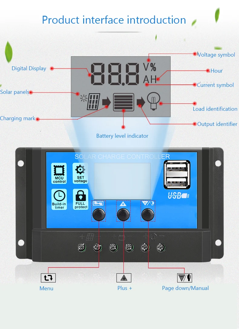 30A/20A/10A 12 В 24 в автоматический Солнечный контроллер заряда PWM контроллеры lcd Dual USB 5 В выход солнечная панель PV регулятор