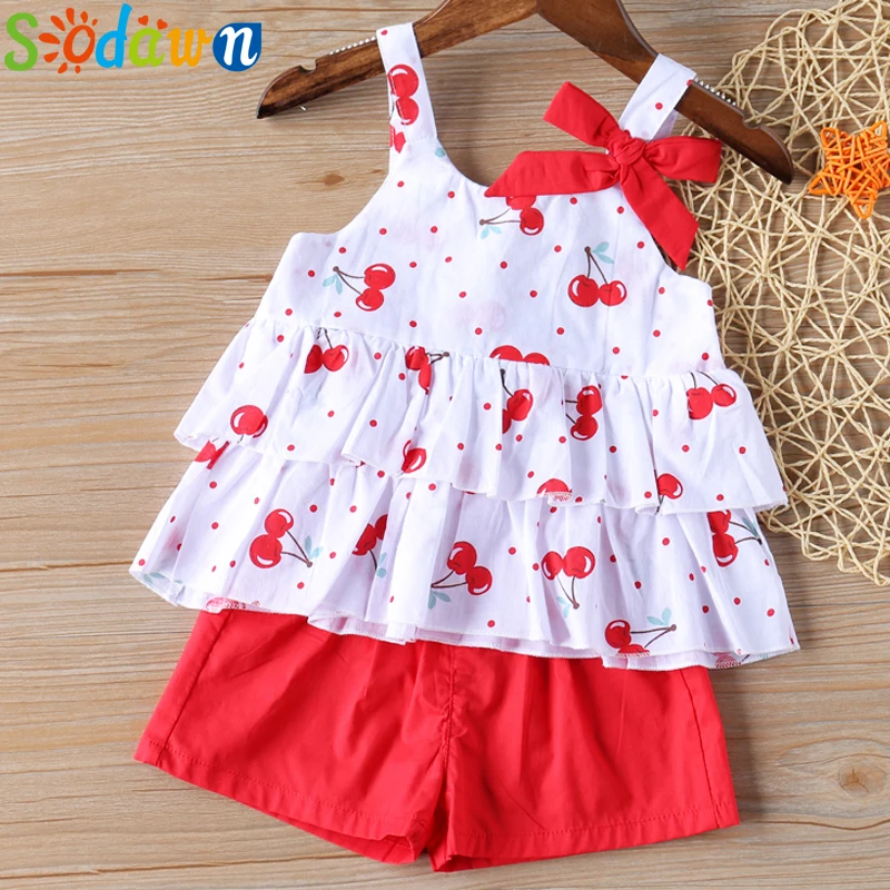 

Sodawn Baby Girls Clothes Suit 2020 Brand NEW Summer Toddler Girl Clothes Dot Bow Vest T-shirt Tops+Shorts Pants 2Pcs Set