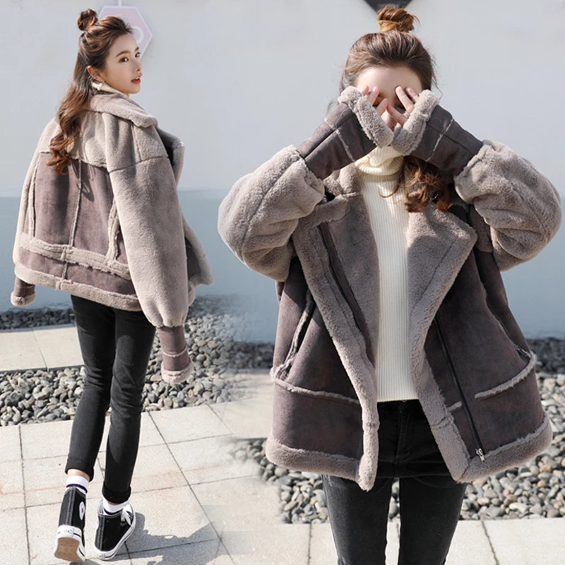 

2020 Winter Imitation Deerskin Velvet Jacket Fur With Faux Lamb Wool Motorcycle Jacket Cotton Jacket Female