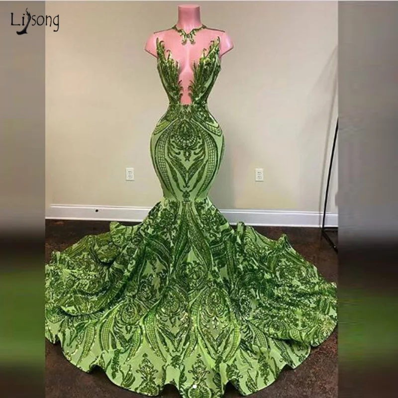 

2020 Sparkly Green Sequin Appliques Mermaid Formal Evening Party Dresses Sexy Long robe de soiree longue Carpet Pageant Gowns