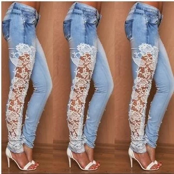 

Women Light Blue Denim Crochet Lace Skinny Legs Stretch Pencil Jeans