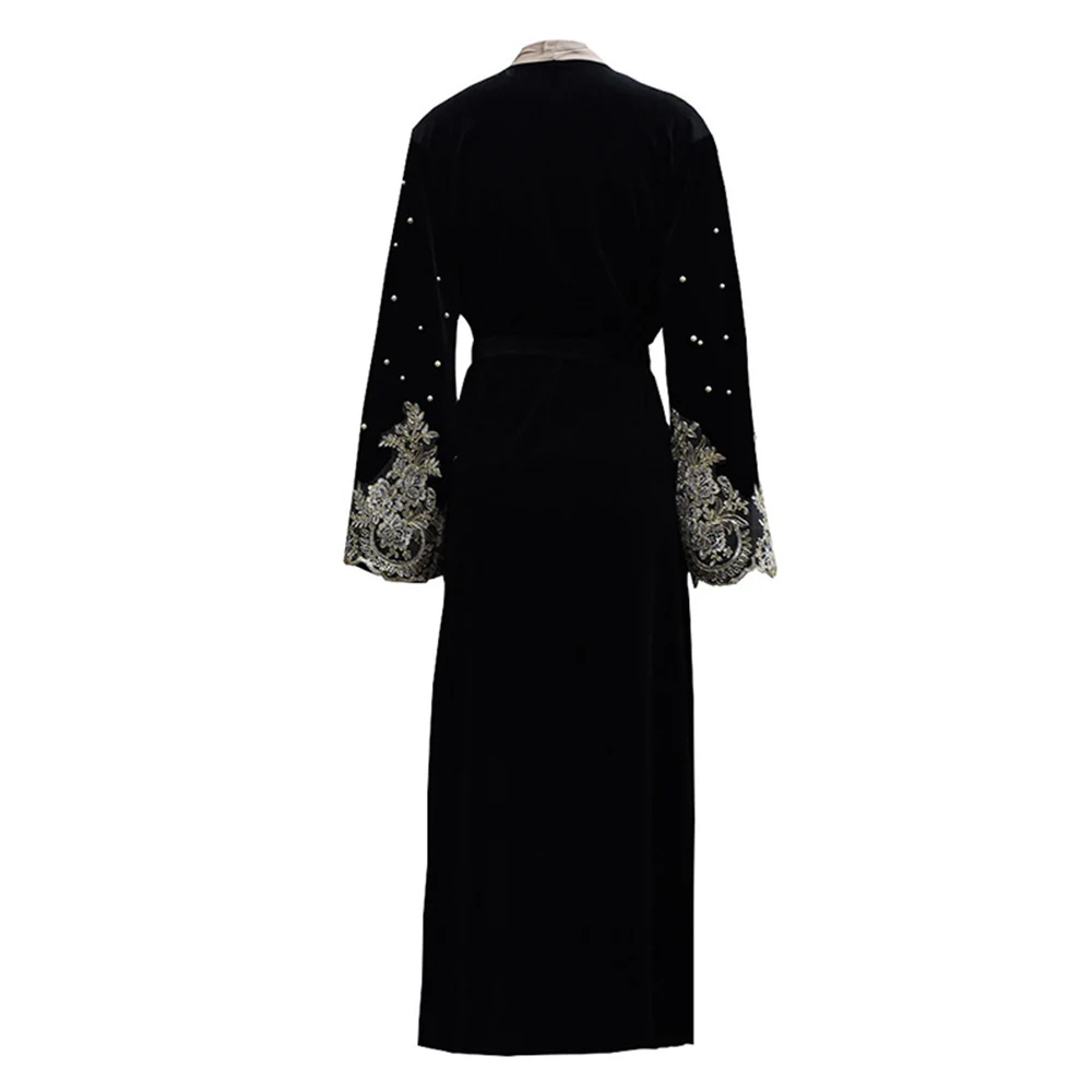 Чёрный кружевной бархатный абайя кимоно кардиган Дубайский хиджаб мусульманское платье женское турецкое ислам одежда Кафтан абайя s кафтан халат Kleding