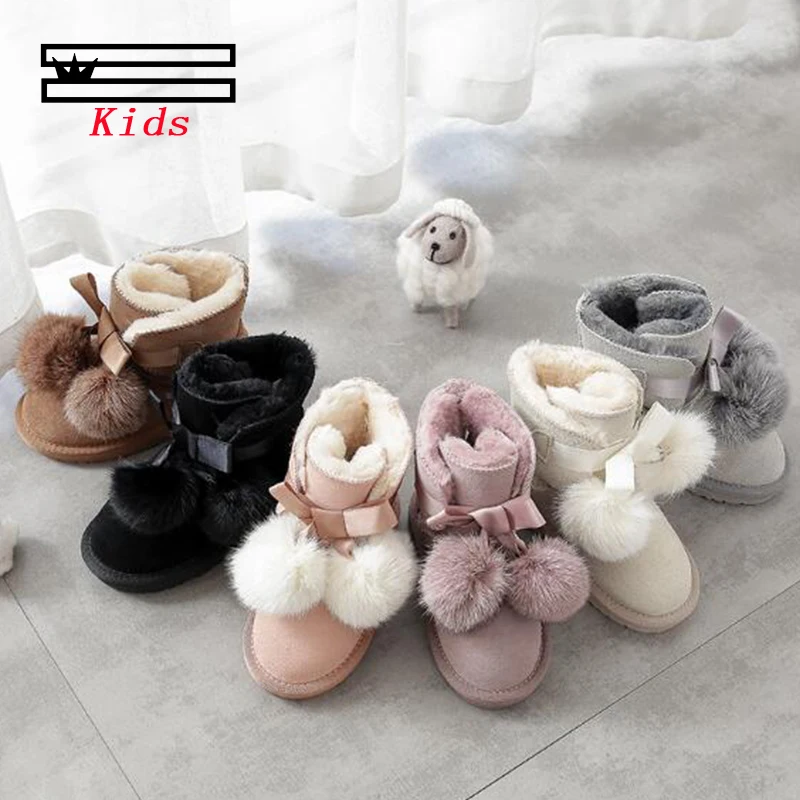 SHUANGGUN New Children Boots For Girls Kids Snow Boots Genuine Sheepskin Leather Natural Fur Warm Winter Shoes#K001
