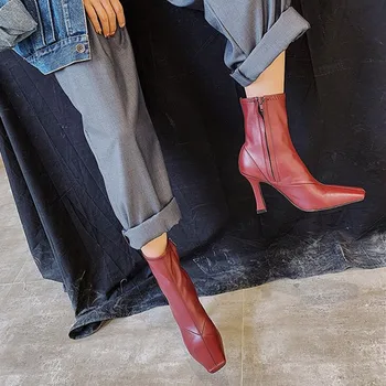 

2020 Hot selling square toe ankle boots wine red zipper short boots female high-heeled leather shoes women