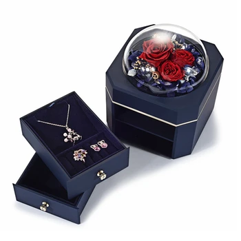 

Eternal Rose Ring Case Creative Valentine's Day Gift Flannelette Material Transparent Glass Cover Jewelry Necklace Storage Case