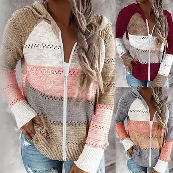 

Women Autumn Long Sleeve Color Block Hollow Out Knitted Hooded Sweater Coat