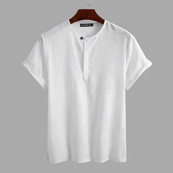 

INCERUN Cotton Brand Shirt Men Round Neck Streetwear Breathable Solid Camisa 2020 Short Sleeve Summer Casual Men Blouse Harajuku