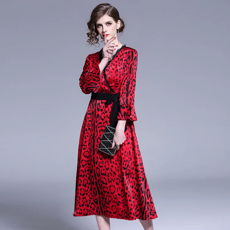 

Red Dress Spring Clothing 2019 Slim Fit Slimming Waist Hugging Fashion Elegant Debutante V-neck Leopord Pattern A- line Skirt Su