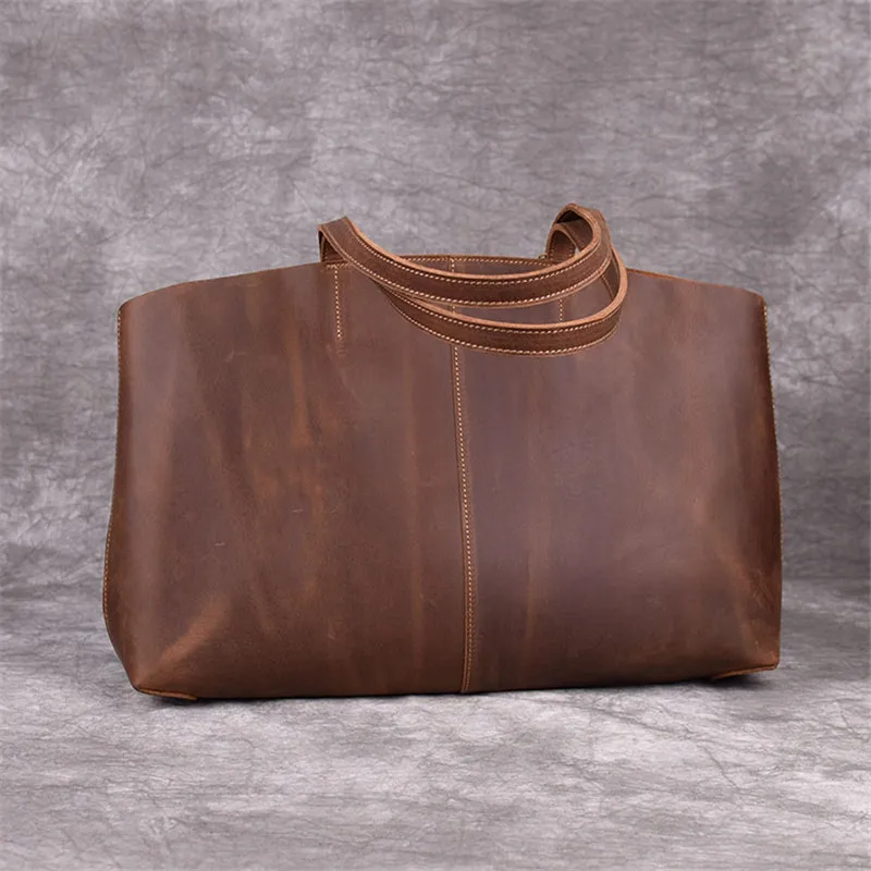 PNDME Простые повседневные натуральная кожа женская сумка через плечо в винтажном стиле; из воловьей кожи большой емкости Женская рабочая уик-энд покупок через плечо сумки из натуральной кожи - Цвет: Dark brown