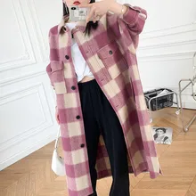 Autunno inverno donna lana cappotto di media lunghezza Plaid manica lunga colletto rovesciato sciolto giacca da donna con tasche 2021 moda