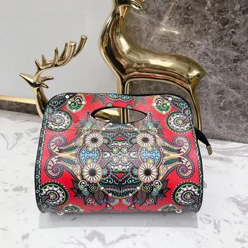 

Female Cowhide Leather Bucket Handbag for Womens Shoulder Bag Vintage Printing National Style Bags Feminina Totes