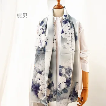 

Chinese classic grey natural silk scarf with printed peony for women 100% real silk high quality bandana shawl gift for mother