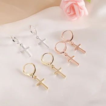 

Simple Small Cross Pendant Dangle Earrings for Women Trend Lady Fashion Jewelry Punk Gold Silver Color Cross Hoop Earrings Women