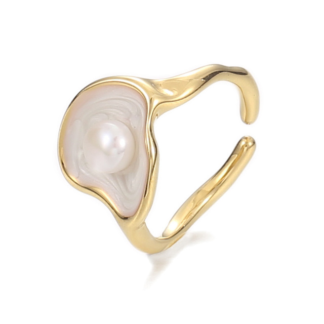 Natural Imitation Pearl Ring Free Size Open Adjustable White Enamel Geometric Finger Ring Female Party Wedding Jewelry