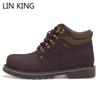 

LIN KING Punk Genuine Leather Men Short Boots Keep Warm Fur Winter Shoes Man Ankle Snow Boots Work Safety Botas Plus Size 39-47