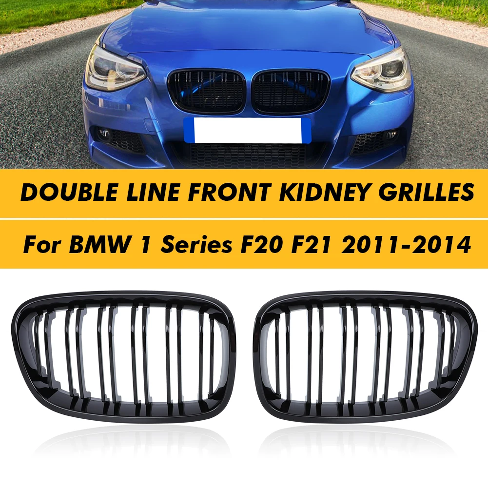 Front Kidney Grille Dual Slat Grille For BMW 1 Series F20 F21 2011 2012  2013 2014 Car Styling Gloss Black Racing Grill Hood