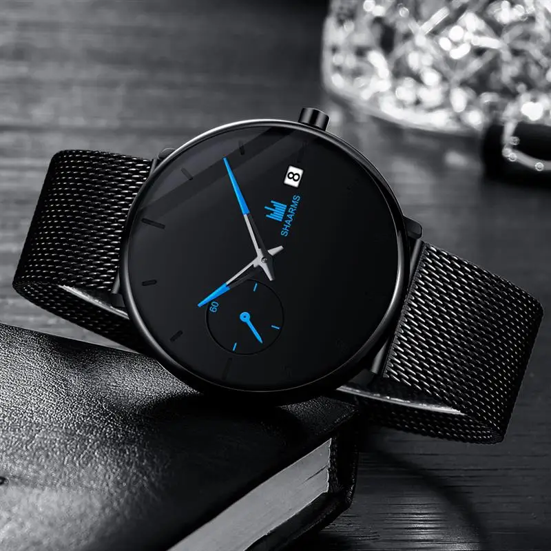 

SHAARMS Fashion Men Date Watch Stainless Steel Quartz Wristwatch Male Man Luxury Business Simple Watches Relogio Masculino