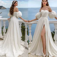 

Princess Glitter Wedding Dress Strapless Short Puff Sleeves Side Slit Bridal Gowns A-Line Ivory Sweep Train Party Robe De Mariée