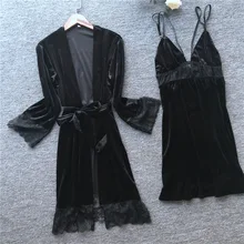 Пижама женская ночная рубашка костюм Сексуальная кружевная Дамская теплая пижама с длинными рукавами Домашняя одежда набор халат ружевной