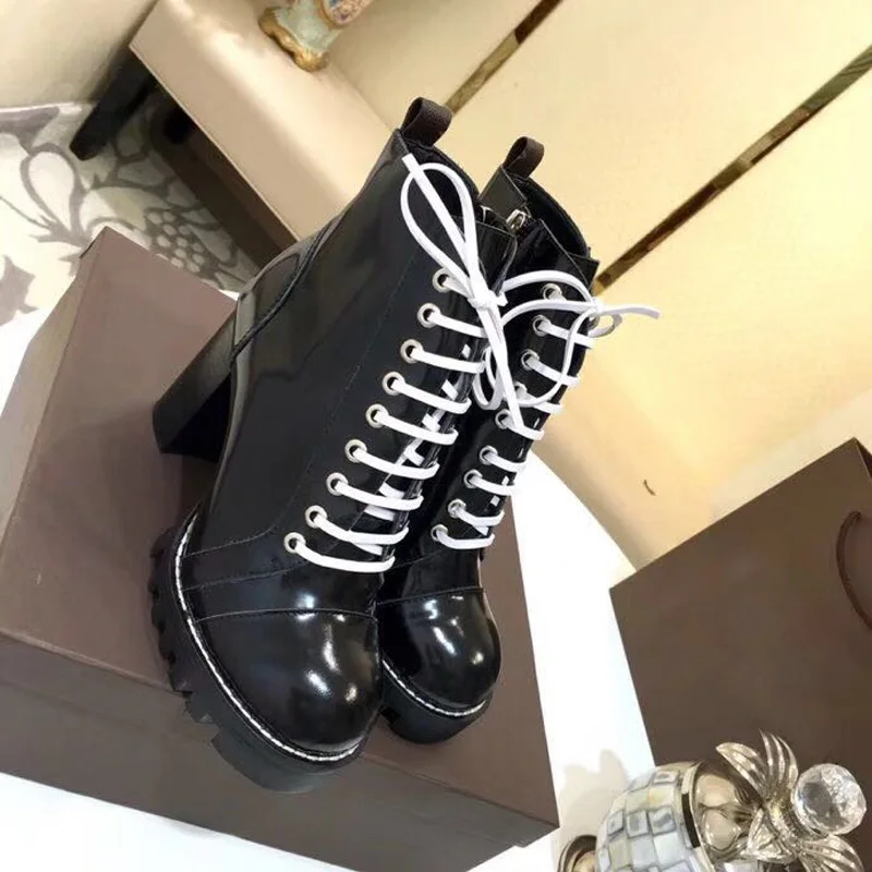 Женская обувь; зимние черные ботильоны на платформе; роскошная женская обувь на высоком каблуке со шнуровкой и круглым носком; botas mujer invierno;