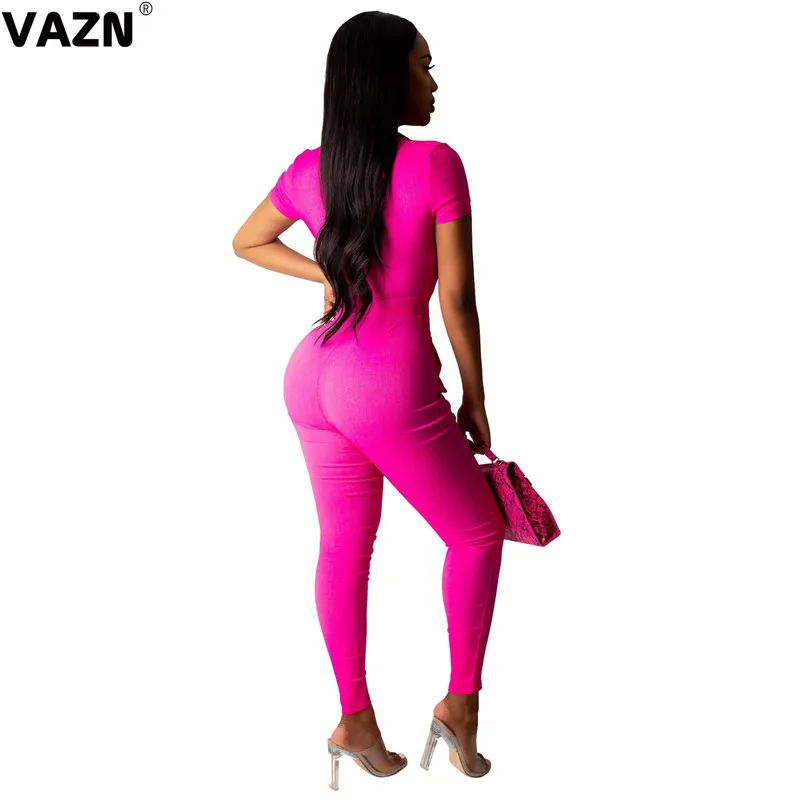 VAZN SMR9341 новые свободные спортивные костюмы Комбинезоны однотонные с коротким рукавом и молнией круглый короткий рукав женские эластичные длинные узкие комбинезоны