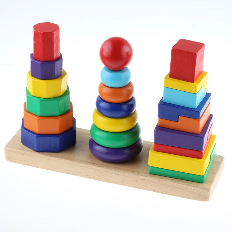 Обучение маленьких детей три столба интеллекта башня дерево обучающая игрушка строительные блоки набор цилиндра Радуга круглые стропы