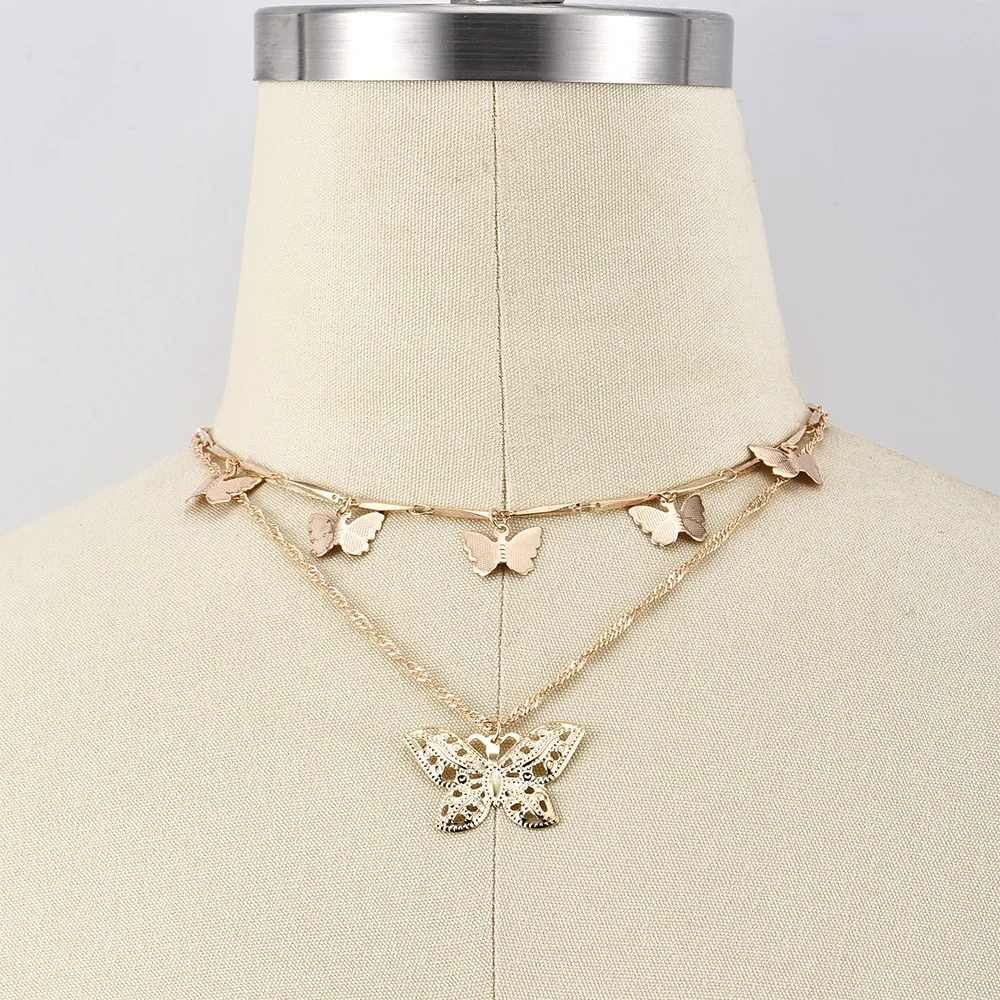 

CharmGold Color Metal Fashion Butterfly Pendant Double Layer Hollow Chain Choker Necklace Statement for Women Girl Jewelry Gifts