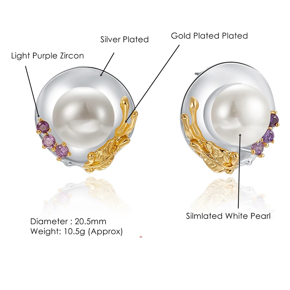 Pretty Elegant 2 Tone color Large Stud Earrings Jewellery Pearl Jewelry Big Gold color Leaf earring for Women