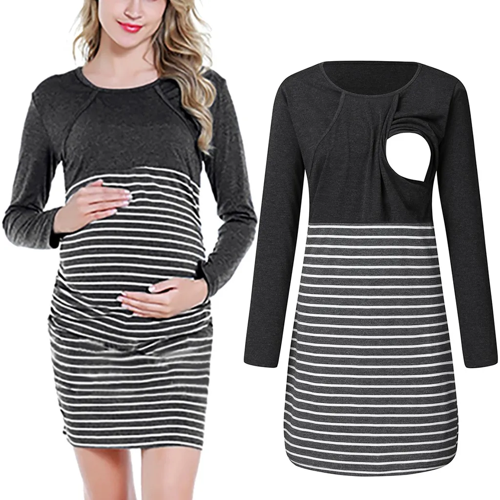 Dress Pregnant Women Long Sleeve Striped Print Layer Nursing Dress For Breastfeeding Vestido Gravida#es