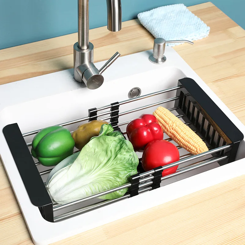 Stainless Steel Adjustable Telescopic Kitchen Over Sink Dish Drying Rack  Insert Storage Organizer Fruit Vegetable Tray Drainer Alilang. –