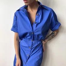 

2021 Summer Women Long Shirring Backless Single Breasted Shirt Dress