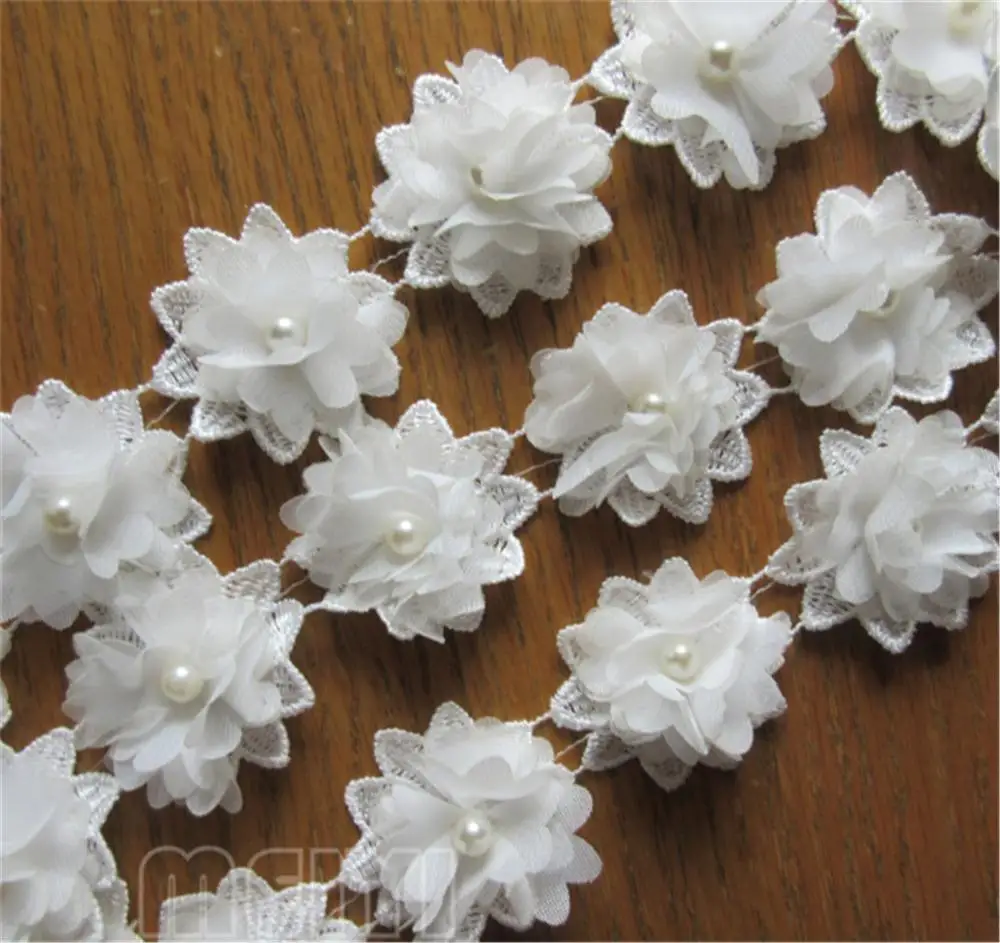 50x White Flower Chiffon Pearl Embroidered Lace Trim Ribbon Fabric Handmade DIY Sewing Craft For Costume Hat Shoes Decoration lace fabric lace ribbon chiffon fabric lace sewing supplies chiffon lace fabric lace decoration lace accessories lace sewing accessories