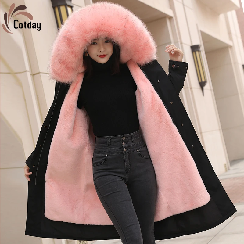 

Cotday With Raccoon Dog Fur Collar Long Thick Black Liner Imitation Zipper Casual 2020 Women's Winter Warm Fur Parka Coat