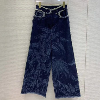 

Retro Denim Trousers Women High Waist Print Jeans Wide Leg Pants Casual Loose Full Length Pants