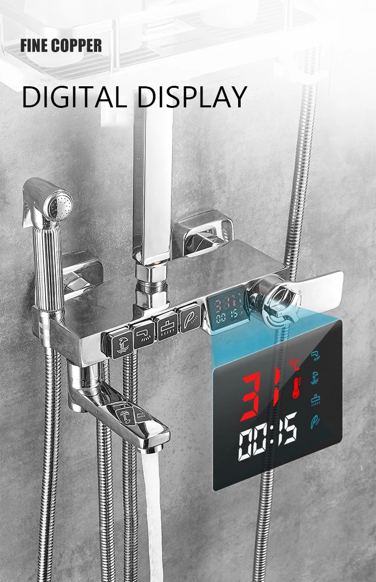 Thermostatic Shower System Bathroom Wall Mounted LED Digital Showers Set Hot Cold Water Mixer Bath Faucet Square Head Rainfall