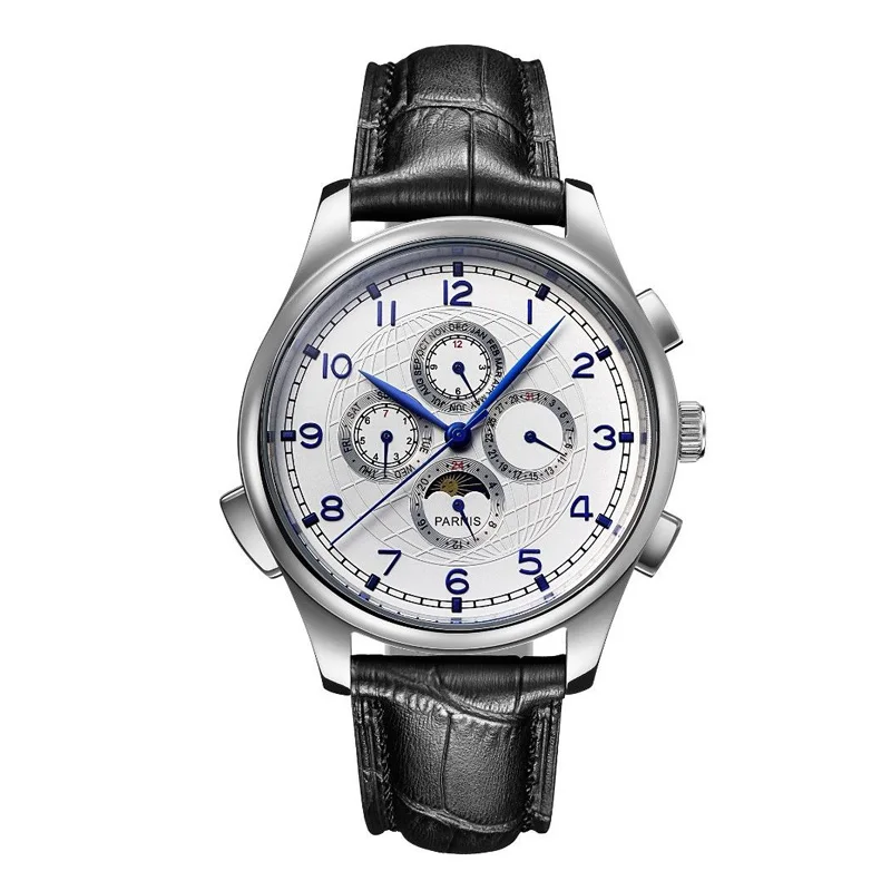 Parnis 44 мм белый циферблат Мужские часы Moon Phase SS чехол Черный Многофункциональный кожаный ремешок Автоматический ход Мужские t мужские s часы человек