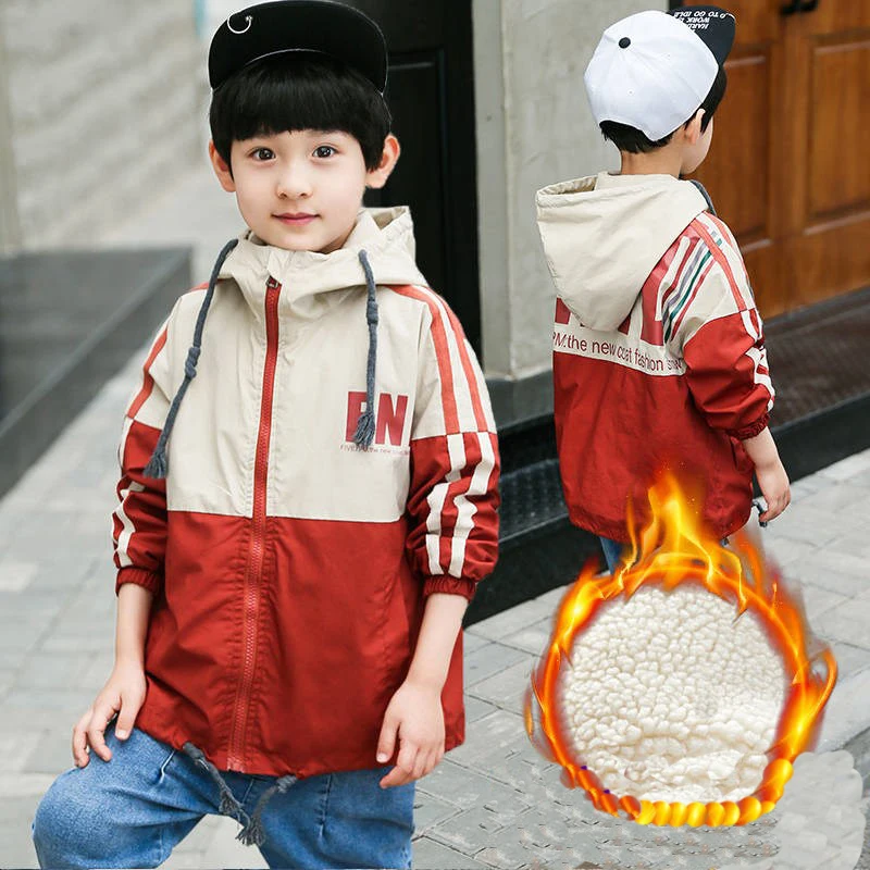 fleece red Teenager Boys Autumn Fur Patchwork Windbreaker Jacket Fashion Children Parkas Fleece Hooded Outfits Teen Winter Warm Tracksuit - Цвет: fleece red